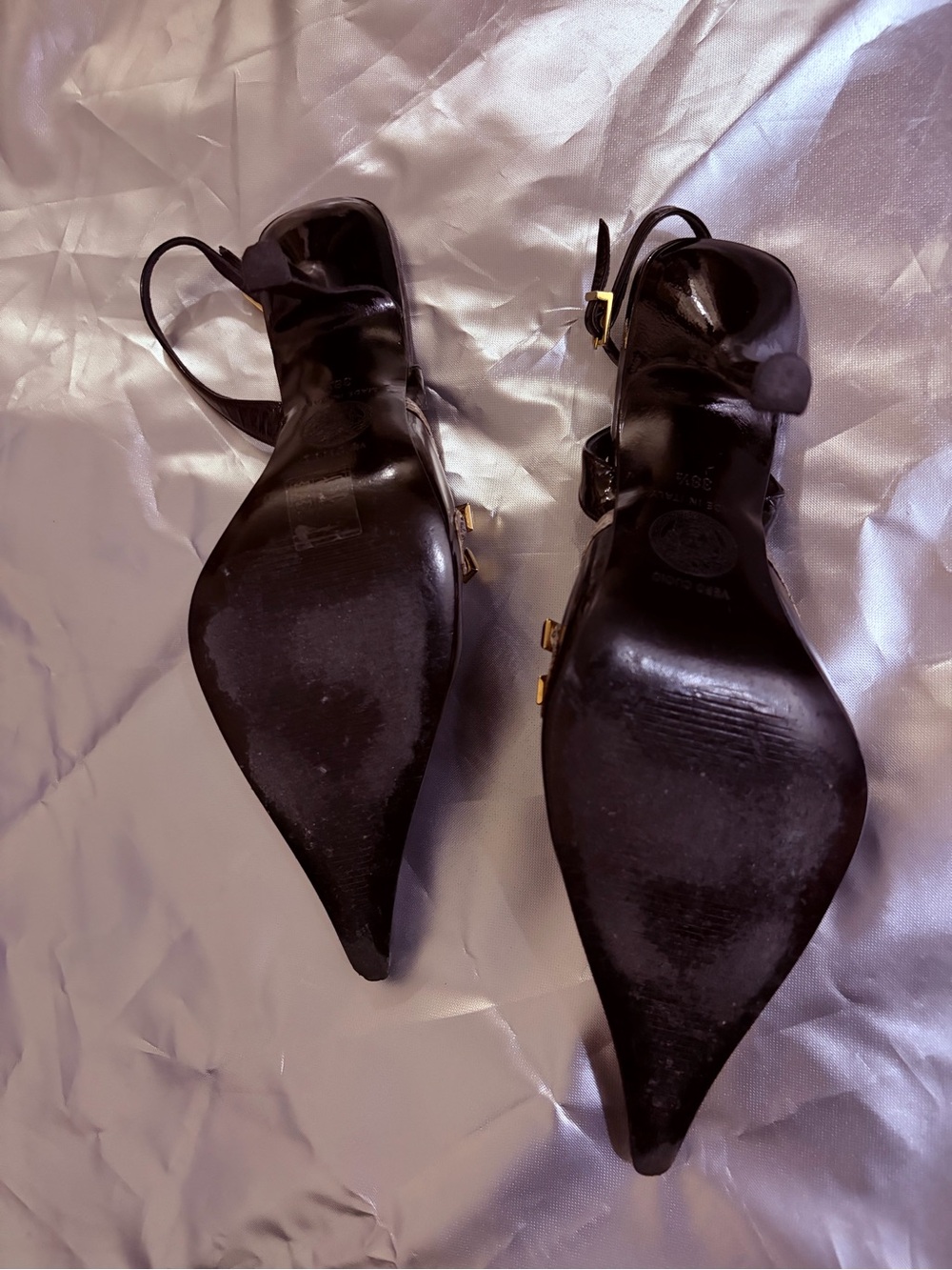 Versace Black Patent Pointed Slingback Pumps with Gold Accent - Picture 6 of 11